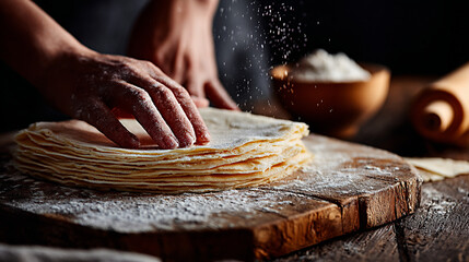 Close-up of hands preparing layers of dough on a wooden surface, with flour dusting and a bowl of ingredients in the background, showcasing culinary artistry and technique