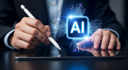 Businessman using a stylus on a tablet with a glowing ai chip symbol and digital circuit board overlay representing artificial intelligence and technology