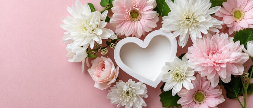 Heart-shaped floral frame made of chrysanthemums and gerberas with a blank center for text or logo perfect for Valentine's Day