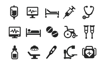 Obraz premium Medical equipment icons: infusion monitor bed syringe stethoscope