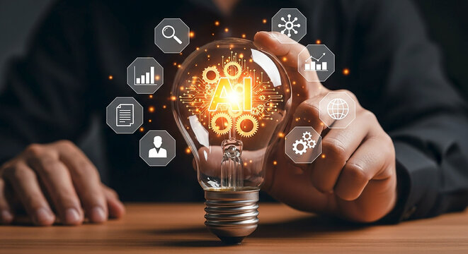 Illuminated lightbulb with glowing gears and digital icons representing innovation technology and business growth held by a person s hands on a wooden table