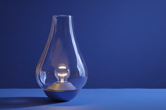 A glowing digital oil lamp made of sleek glass, positioned against a deep blue tech-inspired background, exuding a serene and innovative ambiance