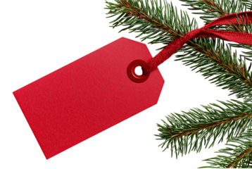 Red gift tag tied with ribbon to a green pine branch isolated on a transparent background Christmas