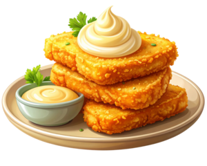 A stylized side-angle food illustration featuring a small stack of crispy golden chic 
