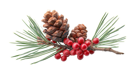 Two pine cones with red berries on a pine branch isolated on a transparent background nature evergreen