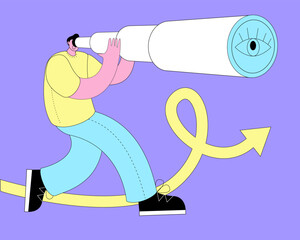 Man in T-shirt looks through telescope. Vector illustration on the topic of online search or strategic planning. Horizontal banner.