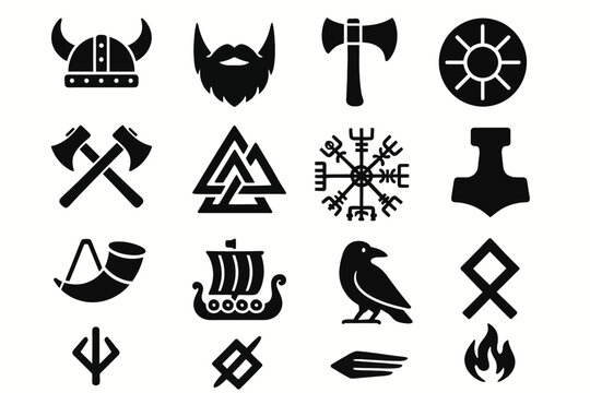 Viking symbols: norse helmet, axe, valknut, vegvisir, thor's hammer