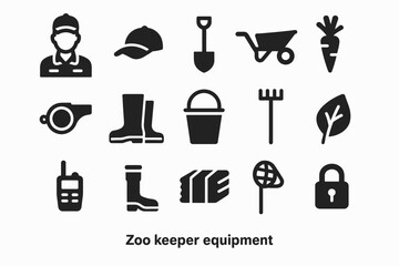 Essential zoo keeper tools: icons of equipment and gear needed for animal care