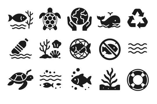 Marine conservation symbols: icons of fish, turtles, recycling, and ocean preservation