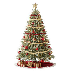 Fototapeta premium Festive decorated christmas tree with presents and star isolated on transparent background