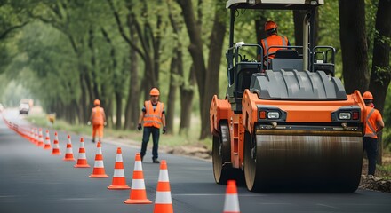 A team of road workers using a large roller compactor machine to lay fresh hot asphalt on a scenic tree-lined highway