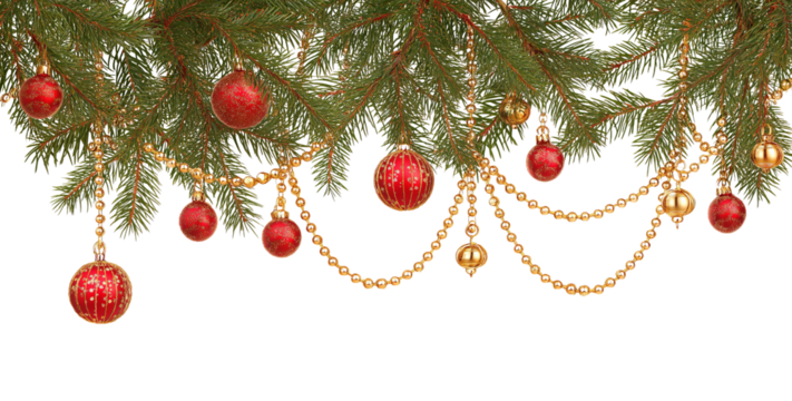Christmas tree branches adorned with red baubles and golden bead garlands isolated on a transparent background