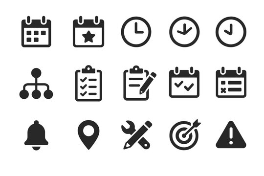 Calendar and task management icon set featuring tools and symbols for organization