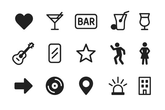 Party icons: heart, cocktails, guitar, dancing, music, location, building - Powered by Adobe