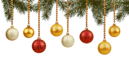Christmas tree branches adorned with golden beads and festive ornaments in red white and gold isolated on a transparent background