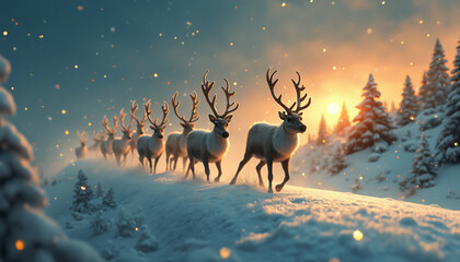 Reindeer in Snowy Landscape at Sunset