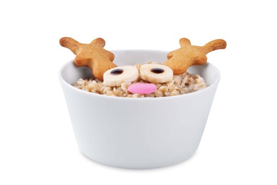 Oatmeal in a bowl in the form of reindeer for Christmas holidays on a white isolated background