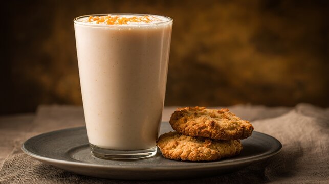 A peach milkshake and biscuit on matte plate, warm soft lighting