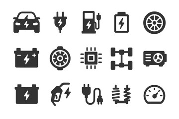 Electric vehicle concepts: battery, charger, and component icons