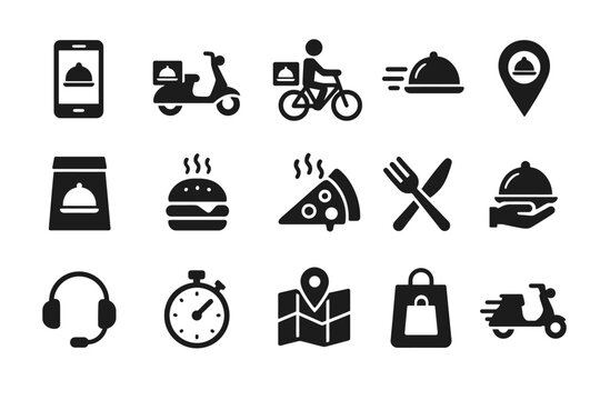 Food delivery icons: mobile, scooter, bicycle, location, map, meal
