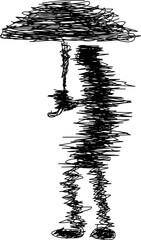 scribble silhouette figure holding umbrella minimalist doodle sketch line art illustration on white background