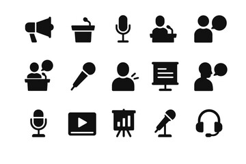 Set of communication icons: microphone, speaker, presentation, headset