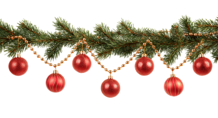 Christmas pine branch with red baubles and gold bead garland isolated on a transparent background evergreen