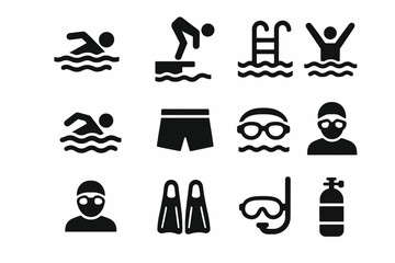 Swimming icons: strokes, gear, and activities in black and white