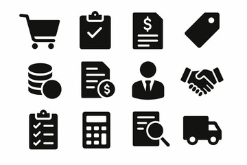Black shopping and business icons set: cart, tag, dollar, calculator, truck