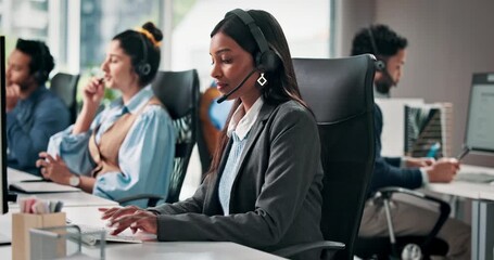 Call center, computer and woman in office, typing and communication with system solution. Consulting, help desk and people with pc, coworking and contact us with customer service and company website - Powered by Adobe