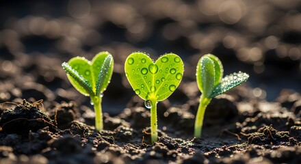 Delicate heart-shaped seedling with morning dew emerges from rich soil, symbolizing new beginnings, growth, and love for nature