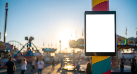 Blank digital tablet screen mockup on a pole at a bustling summer carnival during a beautiful golden hour sunset
