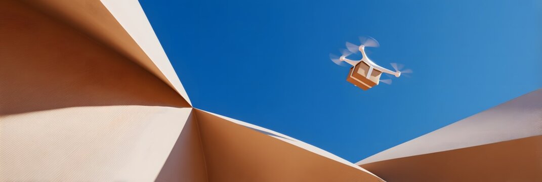 Drone Delivery Service Concept with Box in the Sky and Modern Architecture Elements Drone carrying parcel against vibrant blue sky providing fast and efficient package delivery 