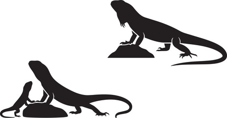 Varanidae lizard family silhouettes standing on ground or rocks adult and young reptiles vector drawing.