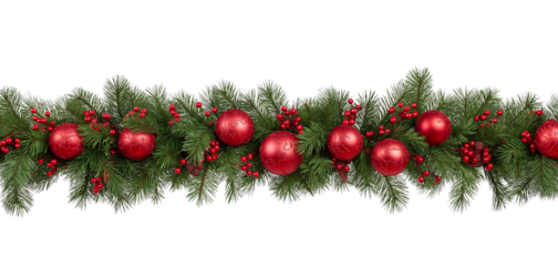 Christmas garland with red baubles and berries on pine branches isolated on a transparent background