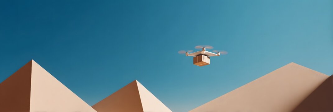 Drone delivery soaring above geometric landscape a futuristic vision of package transport against a clean blue sky showcasing the efficiency