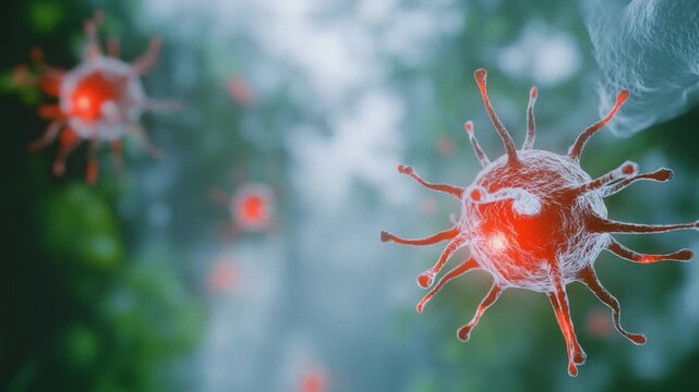 Microscopic Menace: A visually arresting depiction of a virus, its spiky exterior and internal glow conveying the unseen threat of pathogens and disease. 