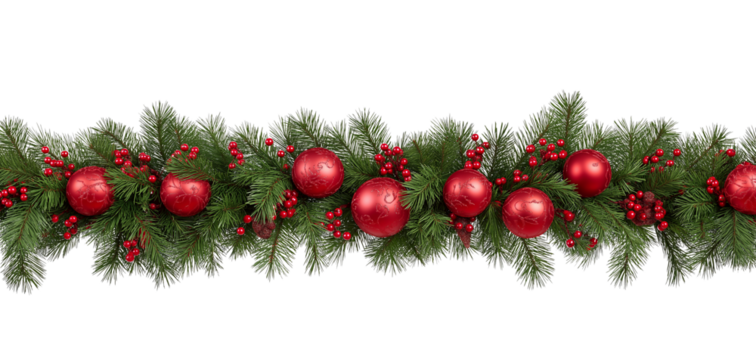 Christmas garland with red baubles and berries on pine branches isolated on a transparent background