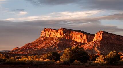 Fototapeta premium Rugged desert cliffs glowing sunset with terracotta red burnt sienna and golden light