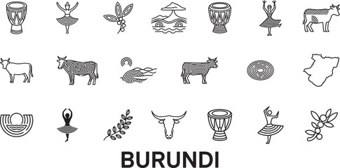 Burundi landmarks and culture line icons set burundian traditions travel symbols illustrations collection