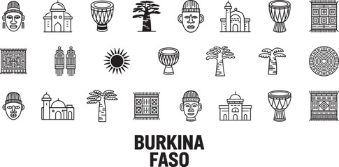 Burkina faso landmarks and culture line icons set burkinabe traditions travel symbols collection