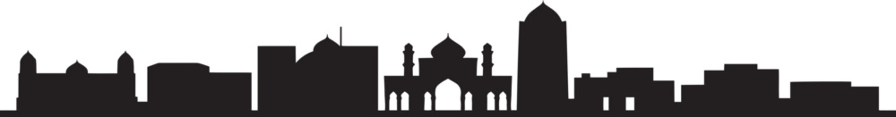 Cityscape silhouette with mosque domes and modern skyscrapers illustrating middle eastern architecture outline.