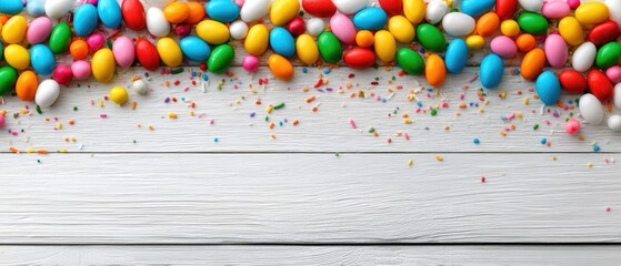 Bright and colorful easter background with chocolate eggs, candies, and sprinkles on a wooden tabletop ready for celebration and joy