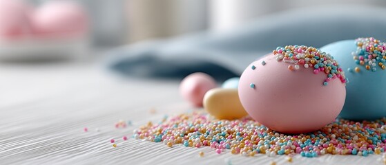 Colorful chocolate eggs and candies on a white wooden tabletop create a lively Easter scene perfect for festive celebrations and gatherings