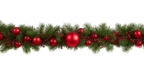 Christmas garland with green fir branches red baubles and bead string isolated on a transparent background