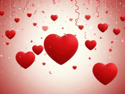 Romantic red hearts floating with confetti celebration