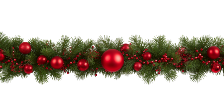 Christmas garland with green fir branches red baubles and bead string isolated on a transparent background