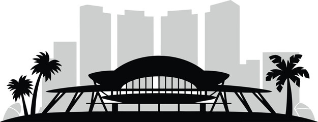 Iconic futuristic building silhouette with palm trees and modern city skyline background