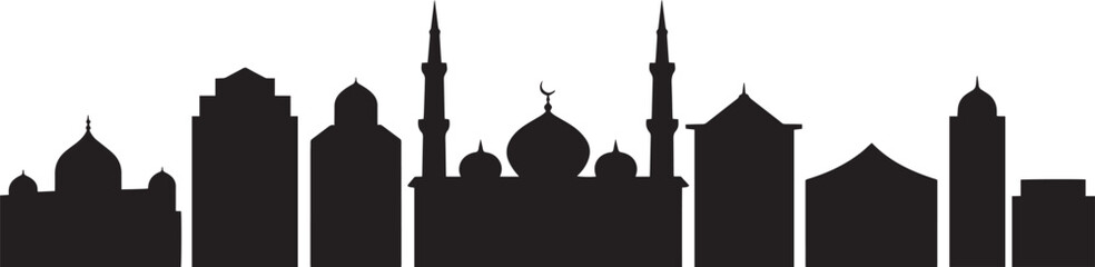 Islamic city skyline silhouette vector illustration featuring various mosques domes minarets buildings urban background.