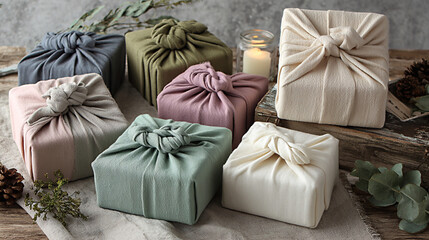Colorful fabric-wrapped gift boxes arranged on a rustic wooden surface, showcasing unique knot designs and natural elements, perfect for eco-friendly gifting ideas